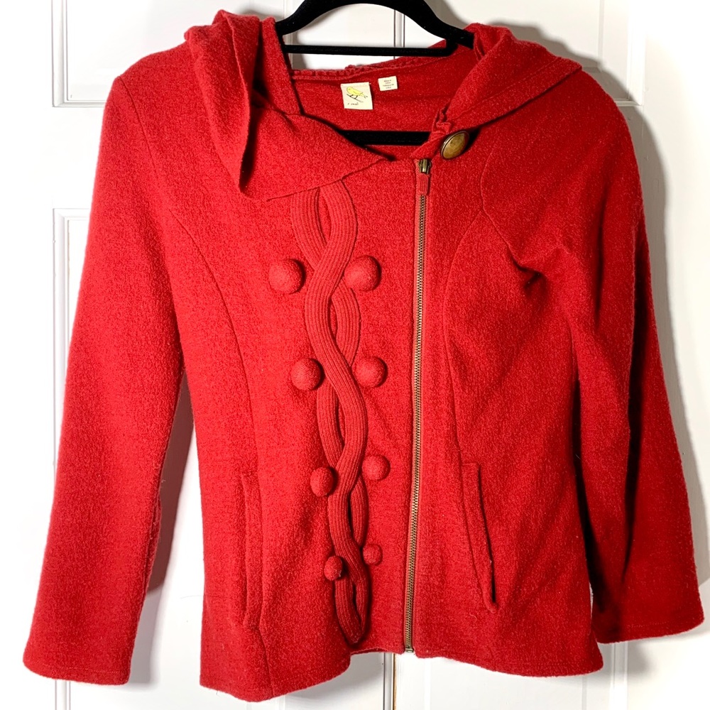 Anthropologie 100% wool red hood sweater cable